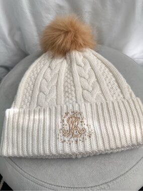 Ralph Lauren Cream Cable Knit Beanie with Tan Pom